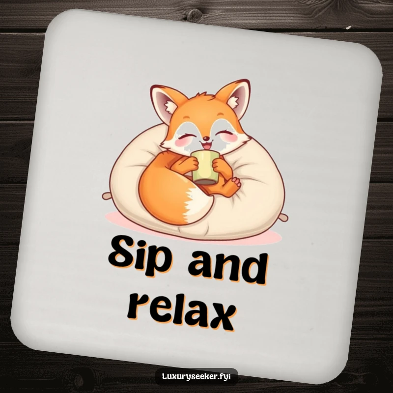 Funny Coaster: A joyful fox lounges on a plush velvet pillow with a cup, adding relaxed charm and humor to beverage protection.