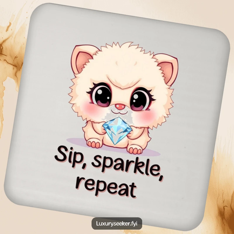 Funny drink coaster featuring a cute, fluffy creature with large, admiring eyes gazing at a sparkling diamond necklace, adding glam to tabletops.