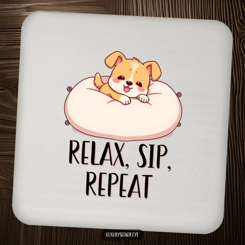Funny Coaster with a cheerful dog character lounging on a velvet pillow, offering humorous protection for furniture.