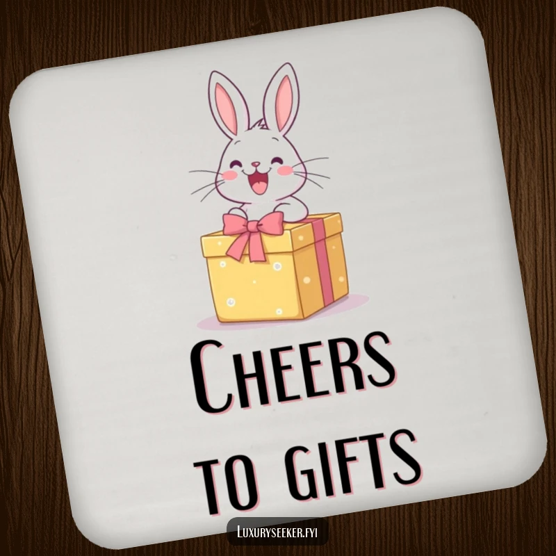 Funny Coaster: A happy rabbit excitedly opens a perfectly wrapped gift box, adding joyful anticipation and humor to beverage protection.
