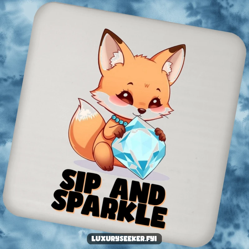 Funny drink coaster with a curious fox character admiring a large, sparkling diamond necklace, protecting surfaces with humorous elegance.
