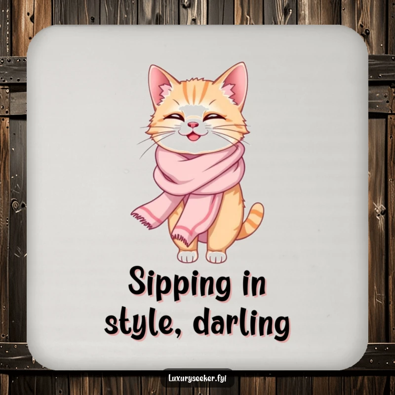 Funny drink coaster with a giggling cat wearing a flowing silk scarf, protecting surfaces with elegant, humorous flair.