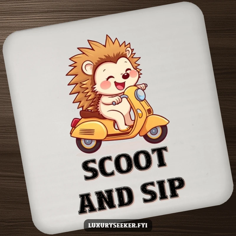 Funny Drink Coaster: Joyful hedgehog rides a tiny golden scooter with a confident smile, a humorous and charming table protector.