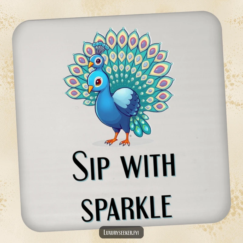 Funny Peacock Coaster featuring a proud bird fanning its gem-decorated tail feathers, adding a humorous and elegant touch to tabletops.