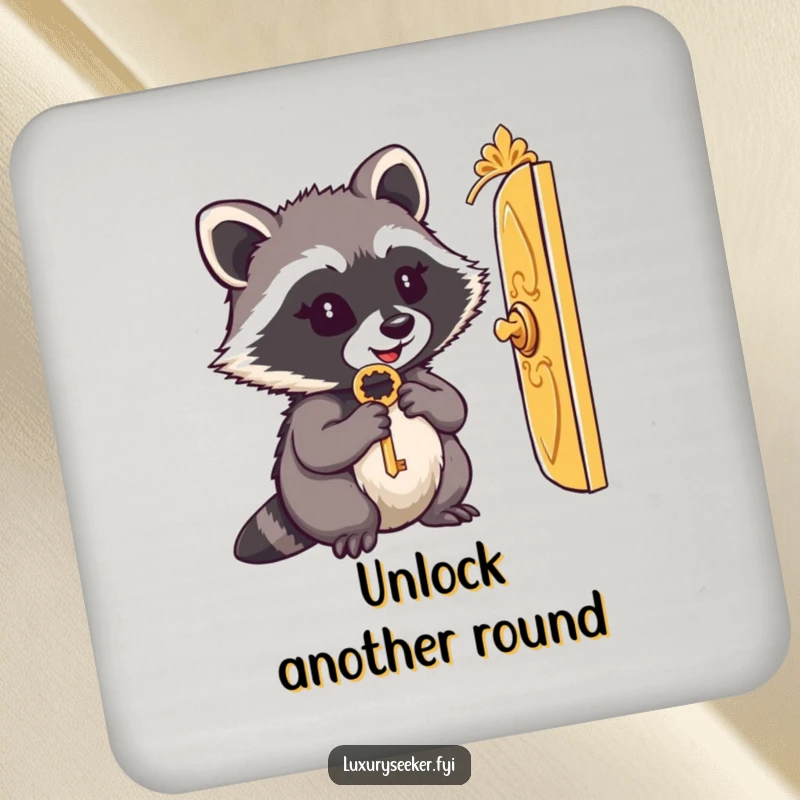 Funny coaster: A content raccoon holds a key and looks through a tiny golden door, a small piece of intriguing art.