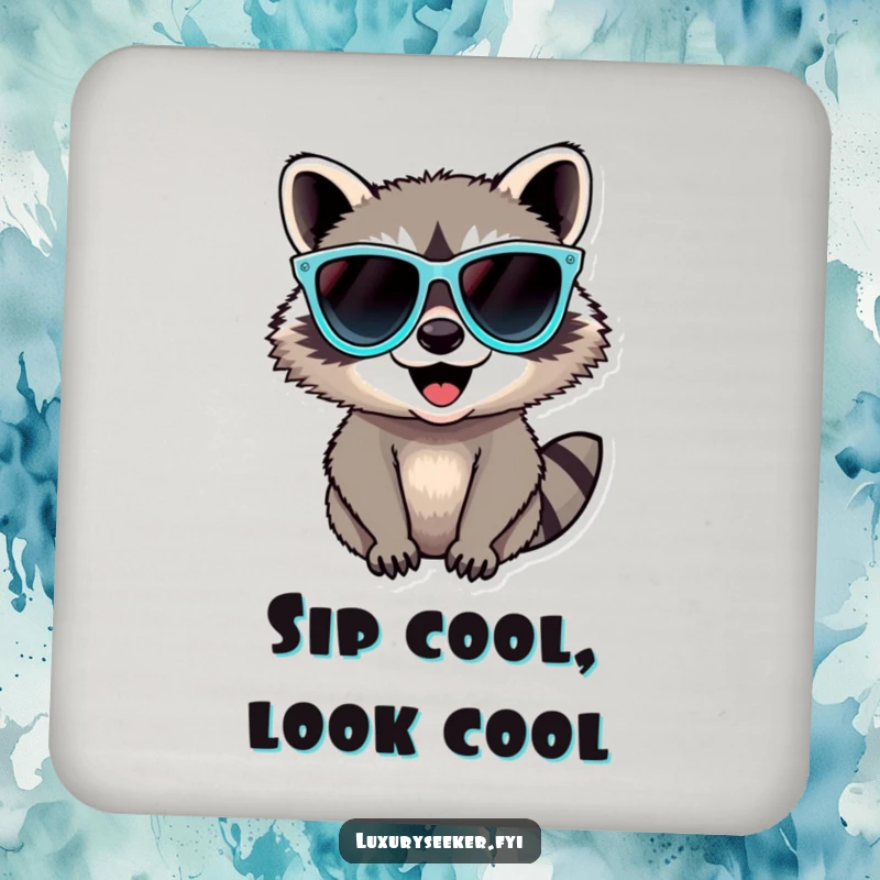 Funny Raccoon Drink Coasters featuring a delighted raccoon wearing large diamond sunglasses, protecting surfaces with humor and style.