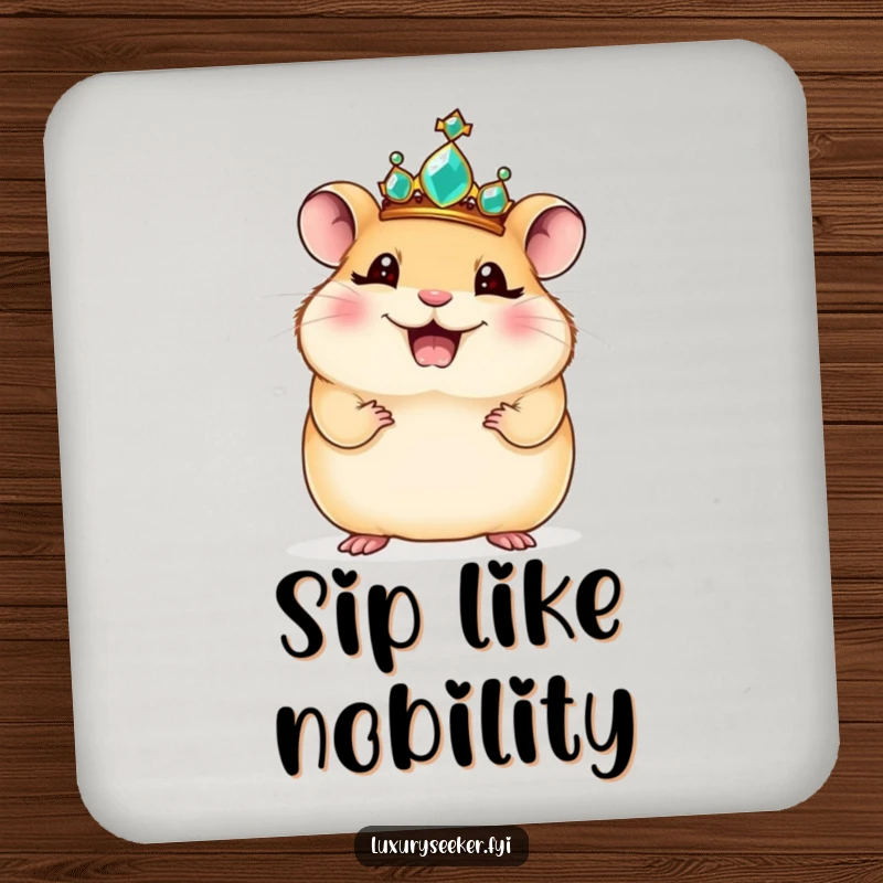 Funny coaster: A giggling hamster wears a jeweled crown and strikes a regal pose, a tiny piece of royal art.