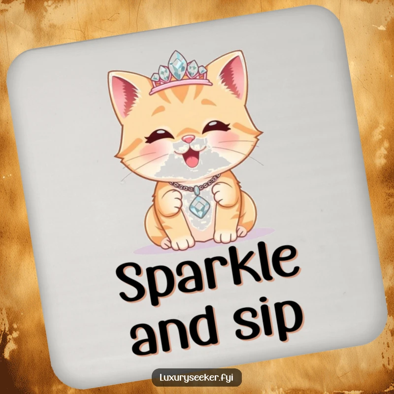 Funny Coaster: A delighted cat wears a tiny diamond tiara, admiring a sparkling necklace, adding feline elegance and humor to beverage protection.