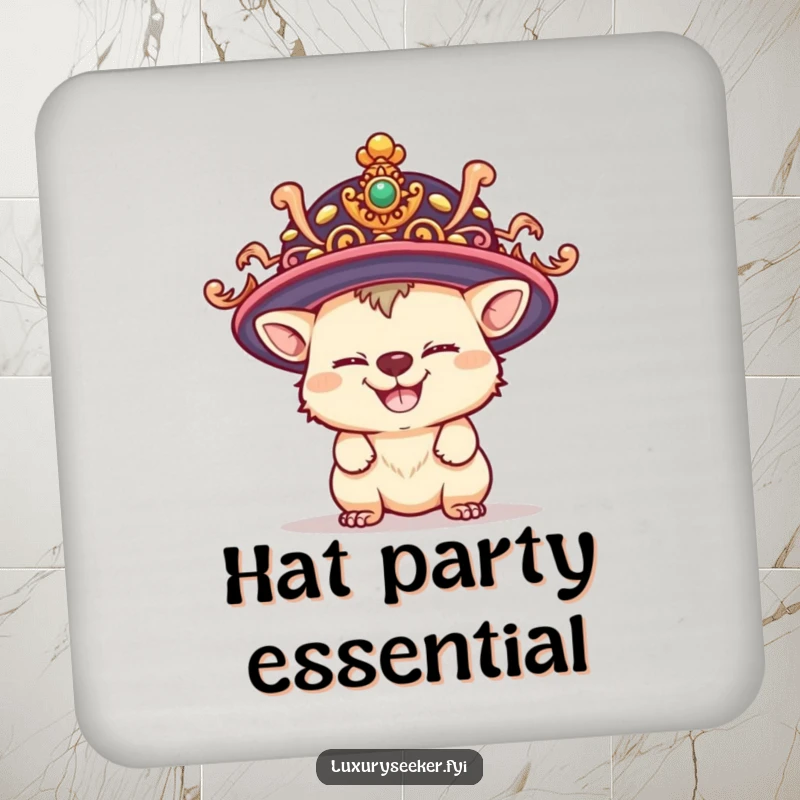 Funny drink coaster with a playful creature grinning mischievously while wearing a ridiculously large, ornate hat, protecting surfaces.