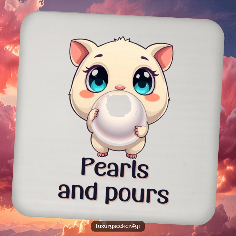 Funny coaster showing a curious creature with wide eyes pointing at a large, shimmering pearl, a symbol of rare finds.