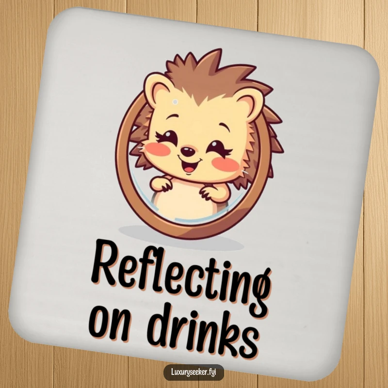 Funny Hedgehog Coasters: A smiling hedgehog looks at its reflection, adding a touch of humor and protecting surfaces from drinks.