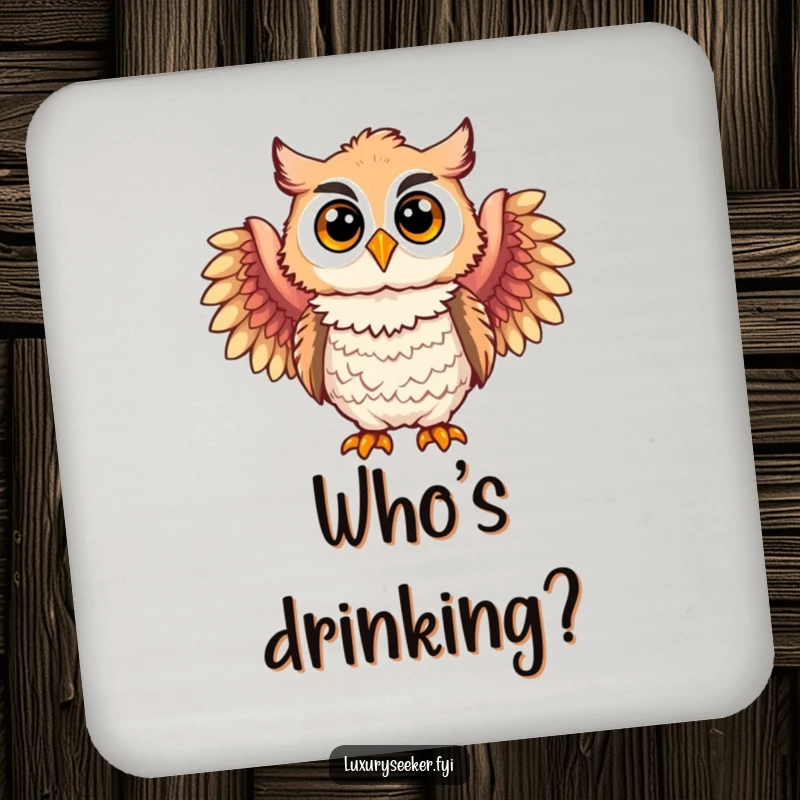 Funny drink coasters featuring a joyful owl character wearing elegant feathered boas, protecting surfaces with whimsy and sophistication.