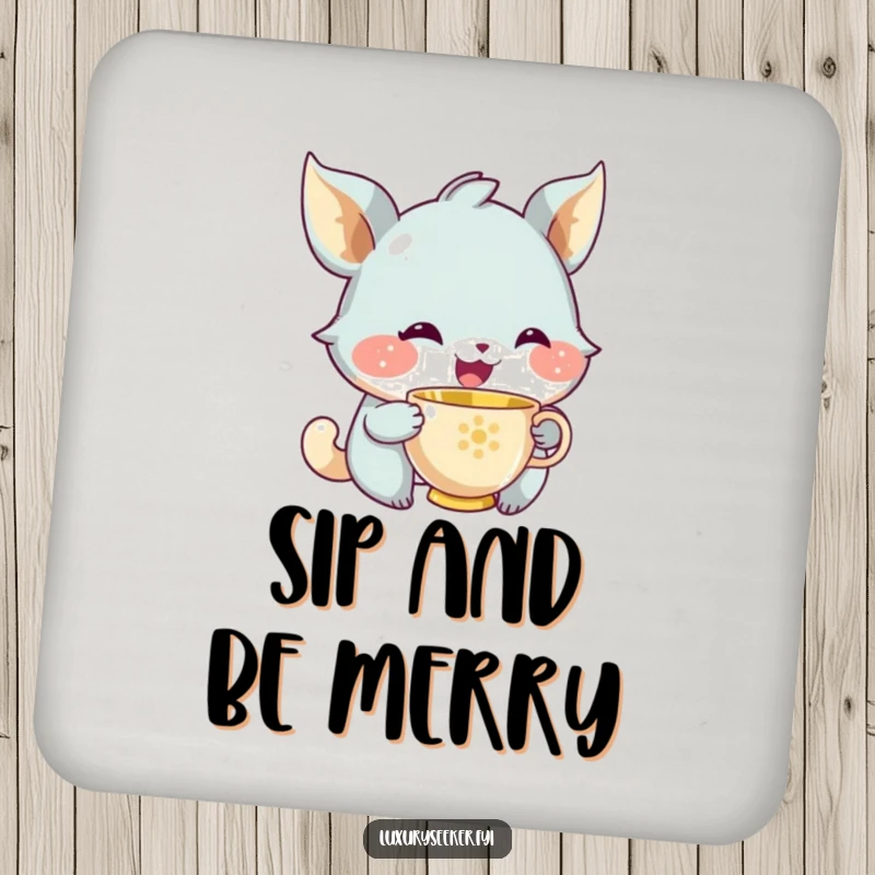 Funny drink coaster featuring a joyful creature with a knowing smile sipping from a tiny golden teacup, adding sophisticated humor to tabletops.