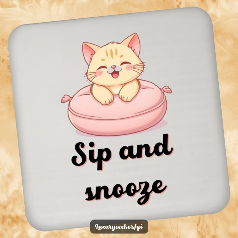 Funny Drink Coaster showing a happy cat lounging on a plush, miniature velvet cushion, protecting surfaces.