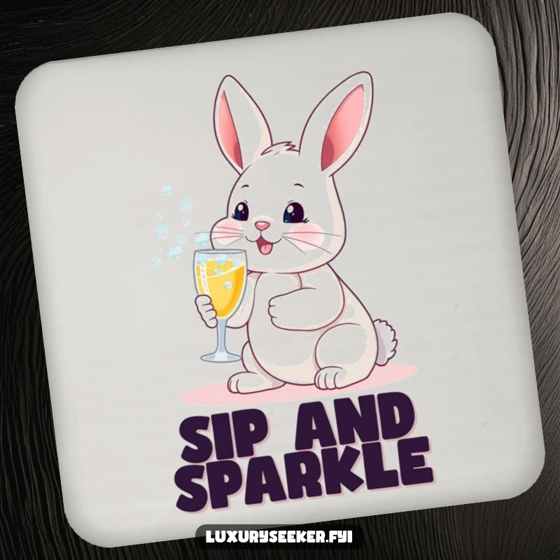 Funny coasters: A cheerful bunny holding a small champagne flute with abundant bubbles, great for festive surface protection.