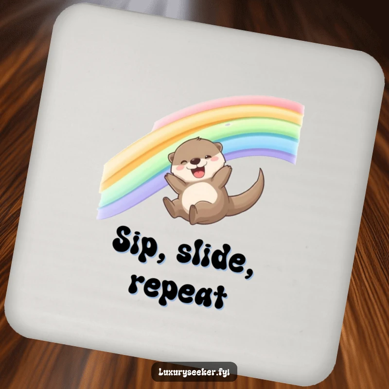 Funny Otter Coasters featuring a joyful otter sliding down a rainbow made of shimmering silk ribbons, adding whimsical protection.