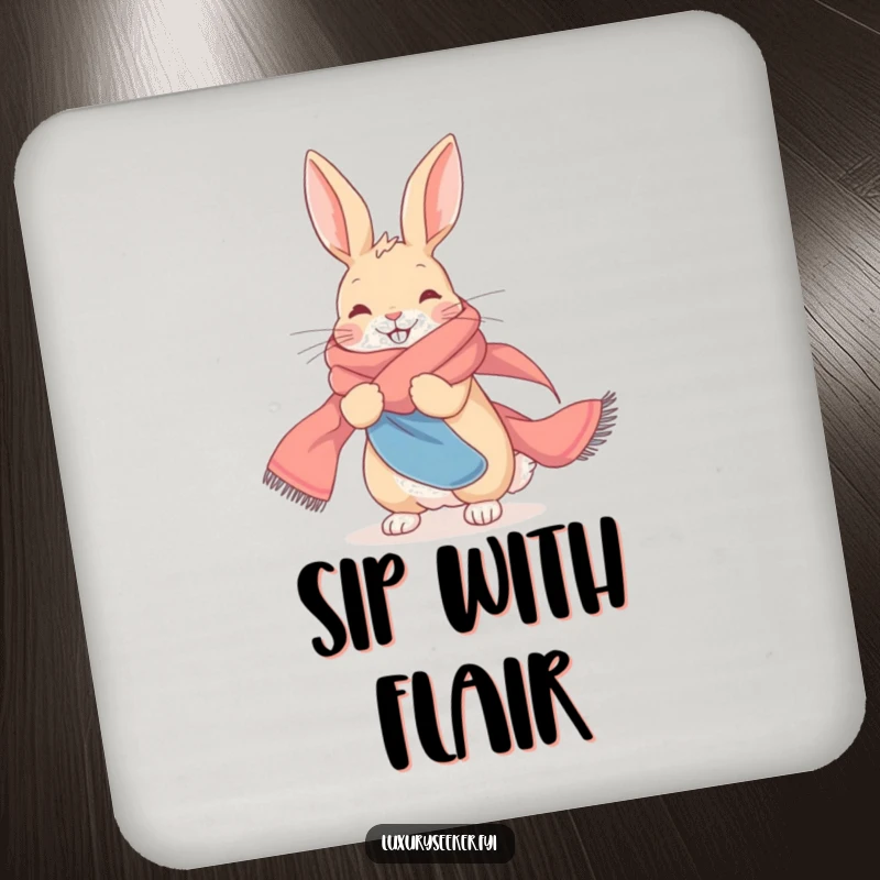 Funny Coaster: A delighted rabbit draped in a silk scarf, protecting your drink surface with style.