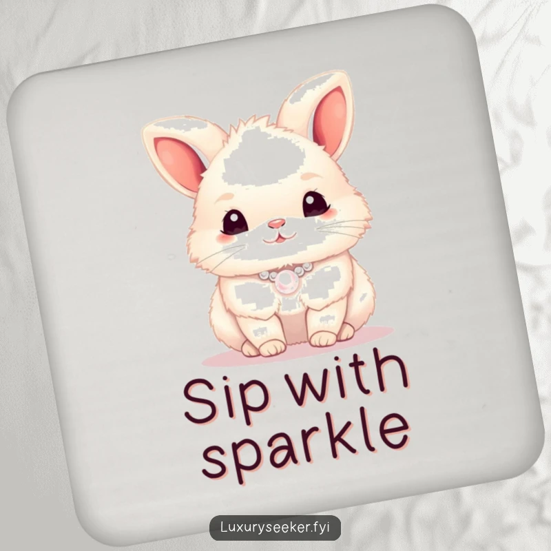 Funny bunny with a pearl necklace on drink coasters, adding chic decor, a funny gift.