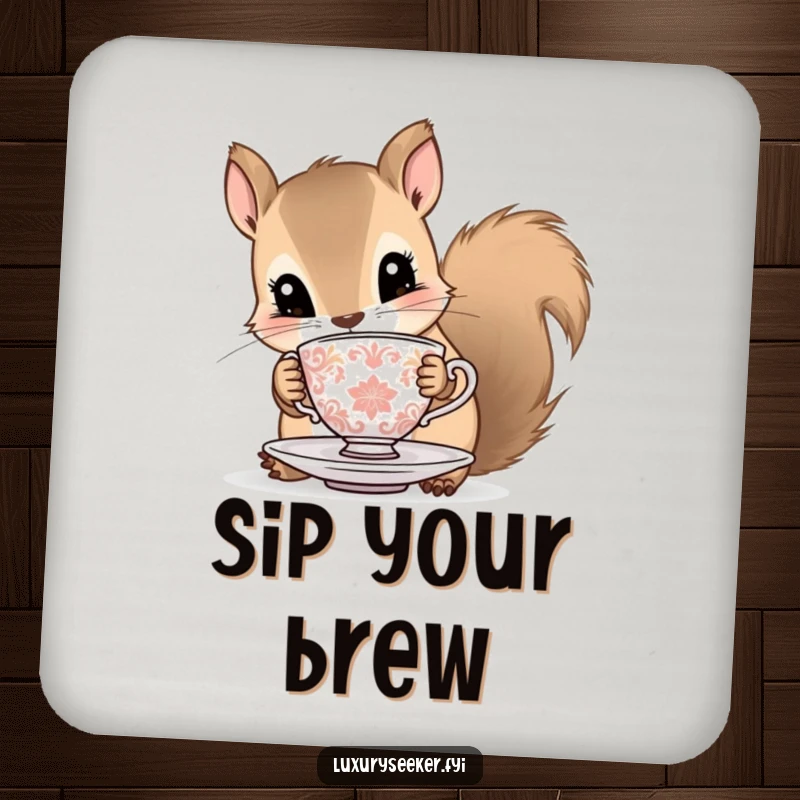 Funny squirrel drink coaster showcasing a curious squirrel with a tiny ornate teacup and saucer, protecting furniture with whimsical charm.