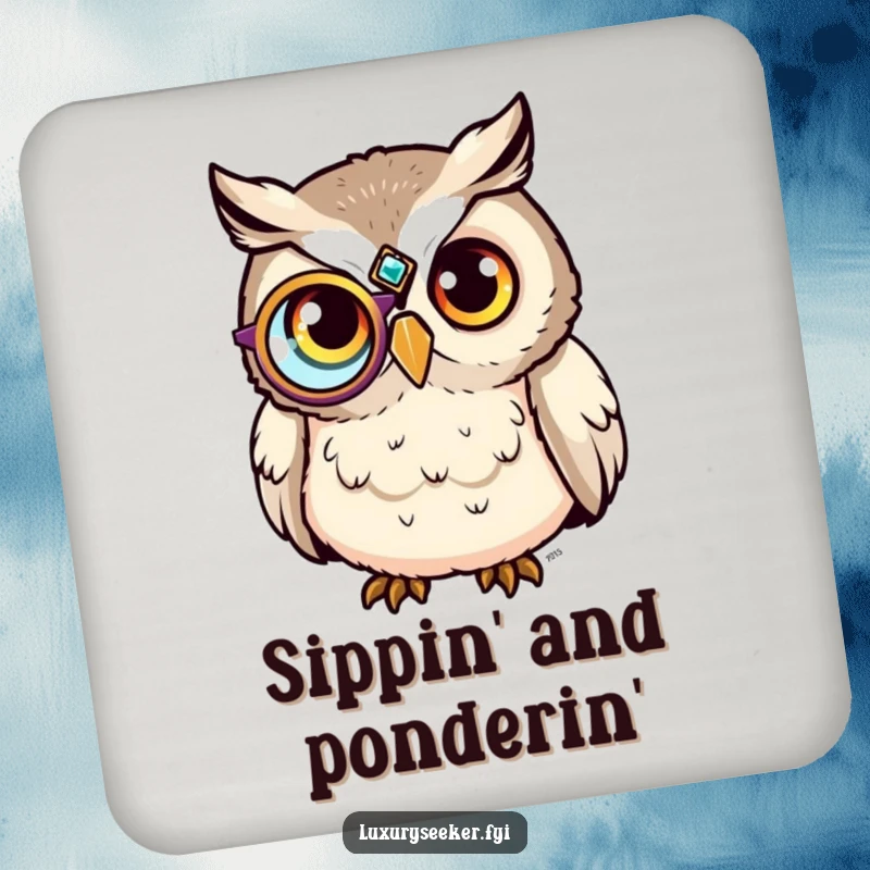 Funny Drink Coaster: A sophisticated owl with a jeweled monocle humorously protects your surfaces with style.