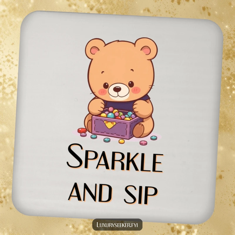 Funny Bear Drink Coasters featuring a curious bear admiring a miniature jewelry box overflowing with sparkling treasures, protecting surfaces with charm.