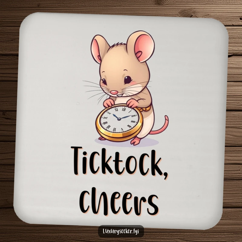 Funny Mouse Drink Coaster depicting a content mouse admiring a very small, exquisitely crafted pocket watch, for humorous surface protection.