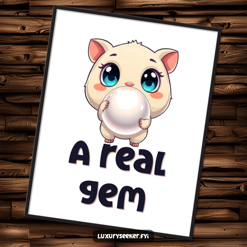 Funny poster print of a curious creature with wide eyes pointing at a large, shimmering pearl, adding a touch of wonder.
