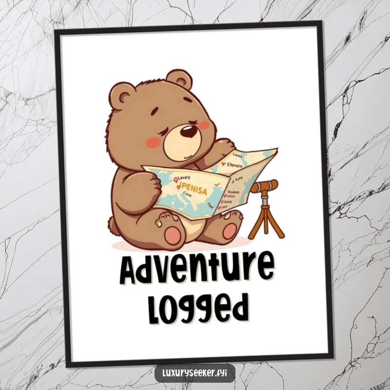 Funny poster art of a determined bear carefully examining a world map, with luxury destinations crossed off, conveying travel ambition.