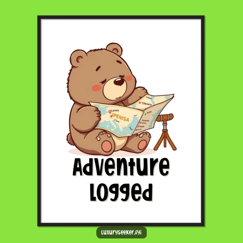 Funny Determined Bear Map Poster: Luxury Travel Wall Art Gift