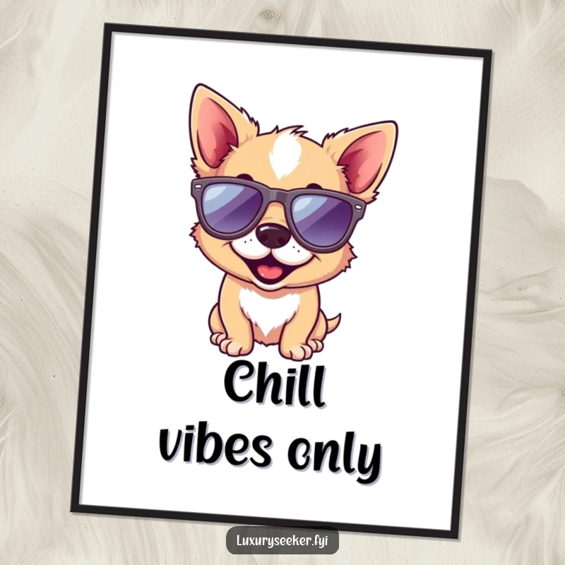 Funny dog poster displaying a happy dog wearing tiny designer sunglasses, adding a humorous and stylish element to wall decor.