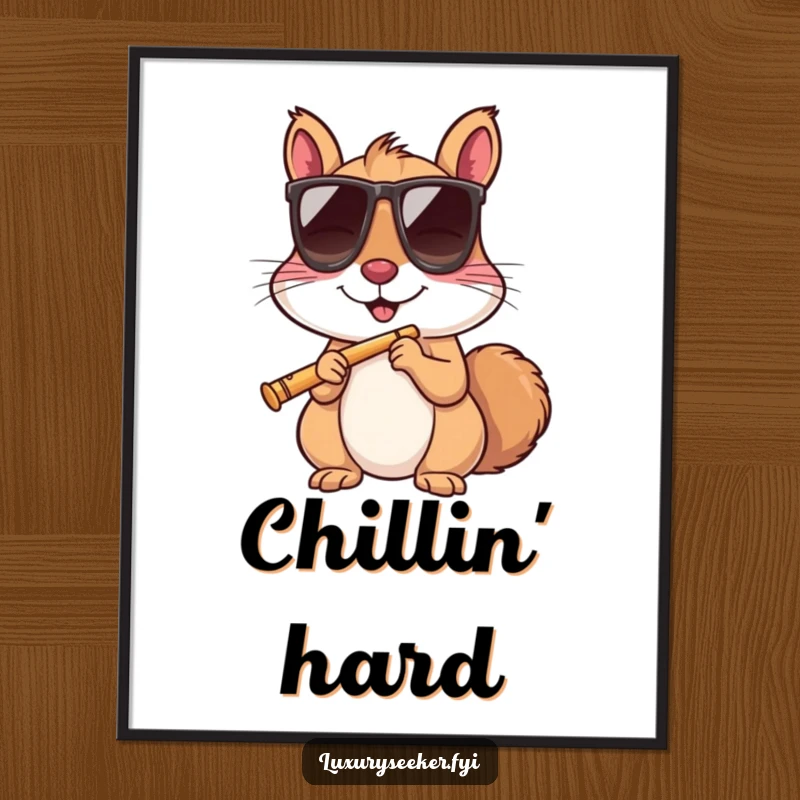 A cheerful squirrel in sunglasses sips from a tiny flute, creating a funny and vibrant wall art poster.