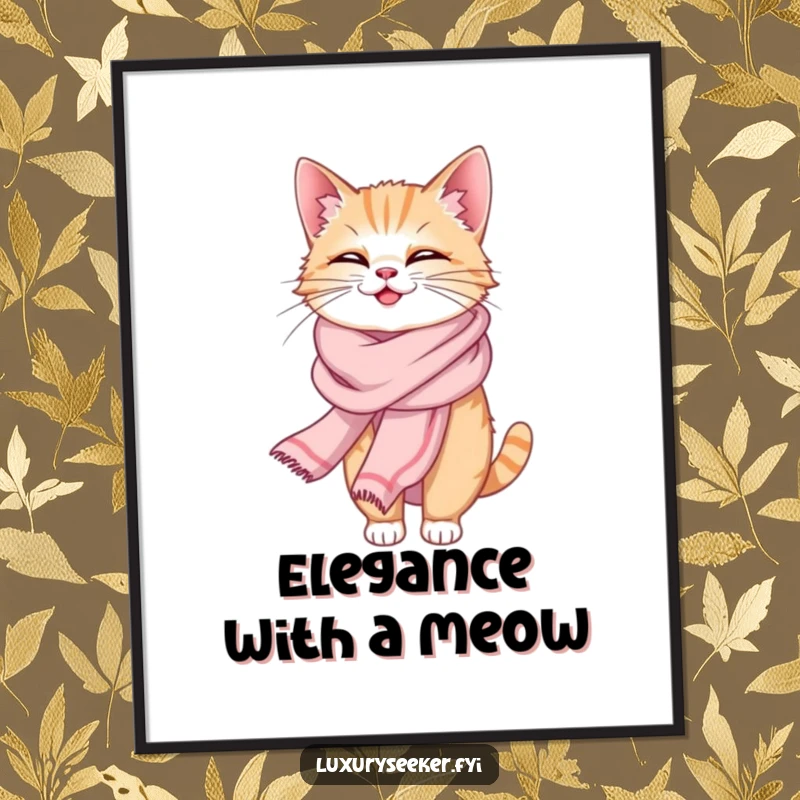 Funny poster print of a giggling cat luxuriously draped in an elegant silk scarf, adding a touch of chic humor to walls.