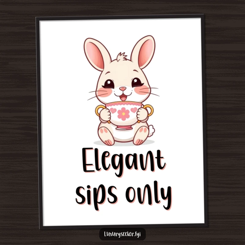 Funny Poster of a delighted rabbit character holding a tiny, ornate teacup, creating a scene of gentle joy and sophisticated humor.