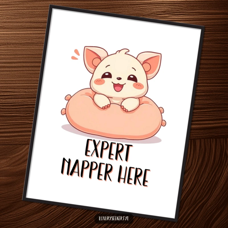 Funny poster print of a delighted creature sighing with happiness while lounging on a plush, velvet cushion, adding humor to decor.