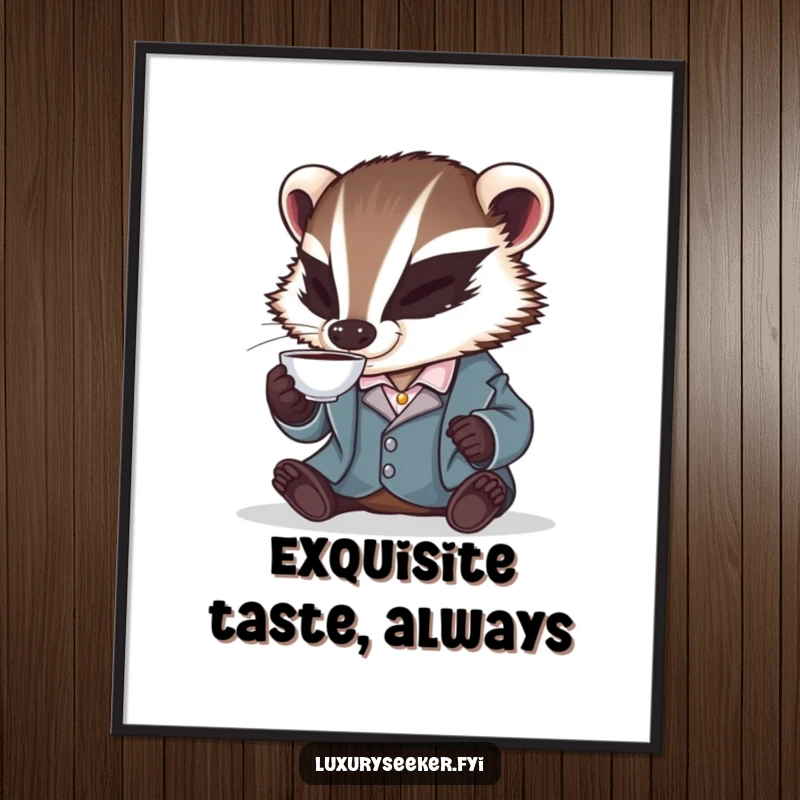 Funny art print of a distinguished badger in a silk smoking jacket, daintily sipping from a small teacup, adding sophisticated humor to decor.