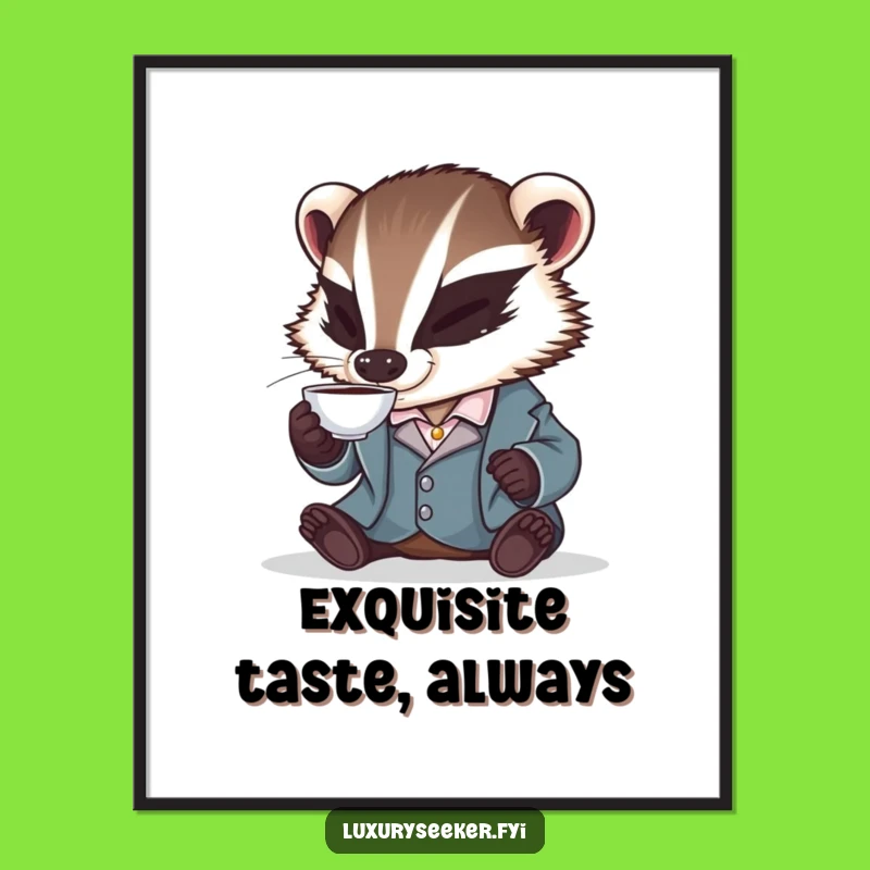 Funny Badger Art Print: Sophisticated Sip in Silk Jacket, Charming Wall Decor Gift