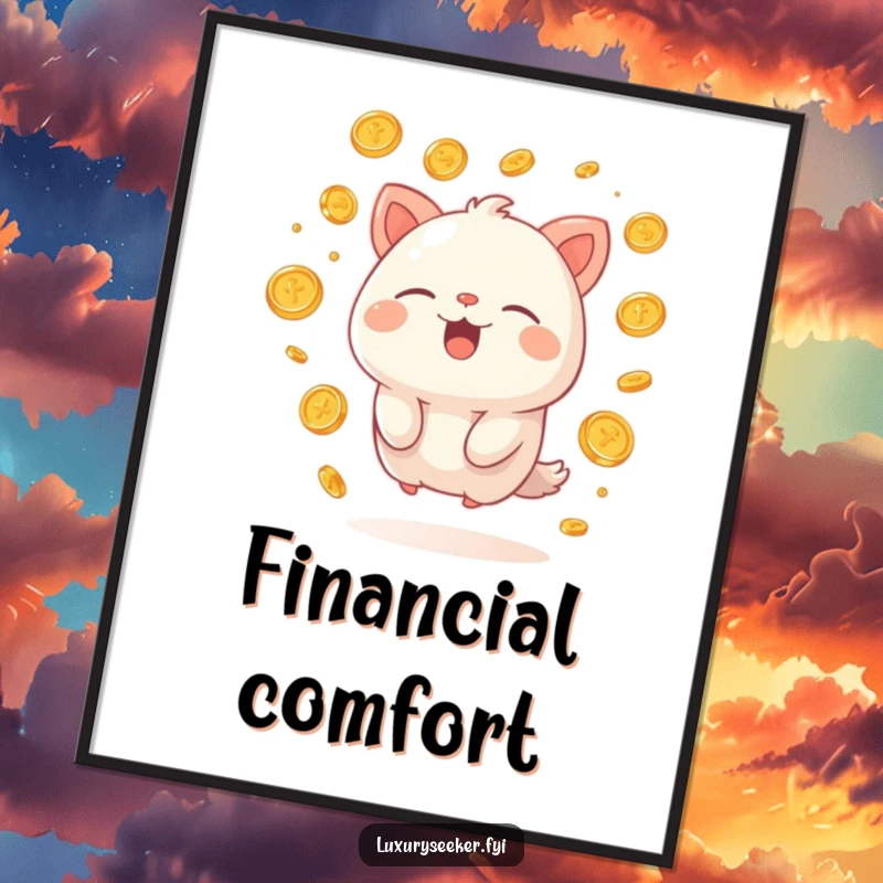 Funny poster of a happy creature sighing contentedly, surrounded by floating golden coins, a humorous and inspiring depiction of wealth.