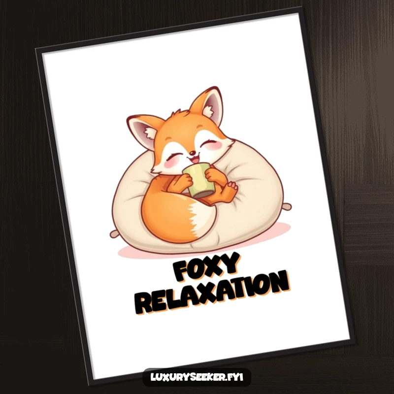 Funny Poster: A joyful fox lounges on a plush velvet pillow with a cup, exuding peacefulness and cozy charm on your wall.