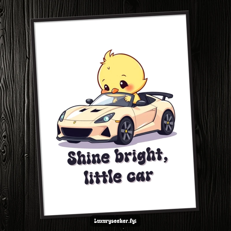 Funny poster of a sweet chick meticulously polishing a tiny, gleaming sports car, bringing automotive humor and charm to any wall.