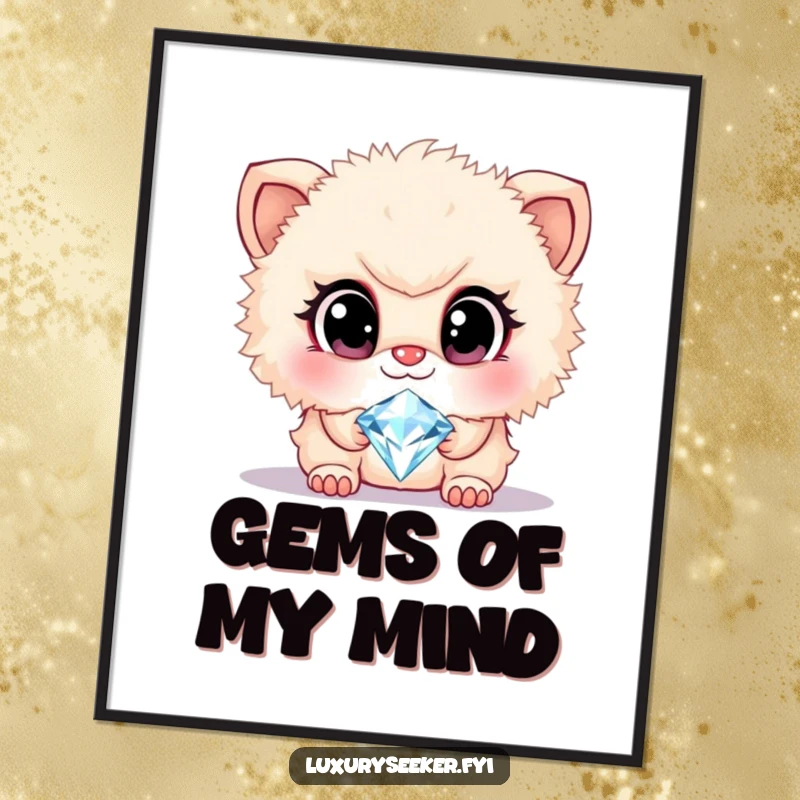 Funny poster art of a cute, fluffy creature with huge, admiring eyes staring intently at a sparkling diamond necklace, full of wonder.