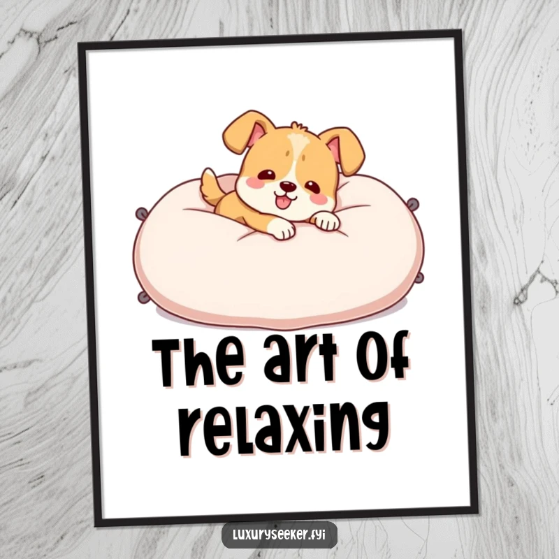 Funny Poster of a cheerful dog character lounging on a huge, plush velvet pillow, creating a scene of pure canine relaxation.