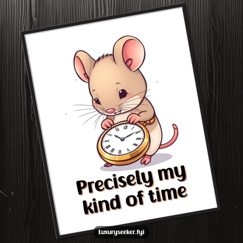 Funny Mouse Poster depicting a content mouse admiring a tiny, exquisitely crafted pocket watch, perfect for charming wall decor.
