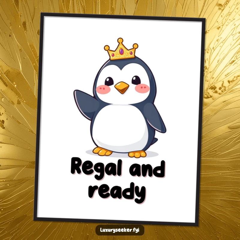 Funny Penguin Crown Poster: Charming artwork of a happy penguin striking a pose with a tiny, glittering crown, adding regal humor to walls.