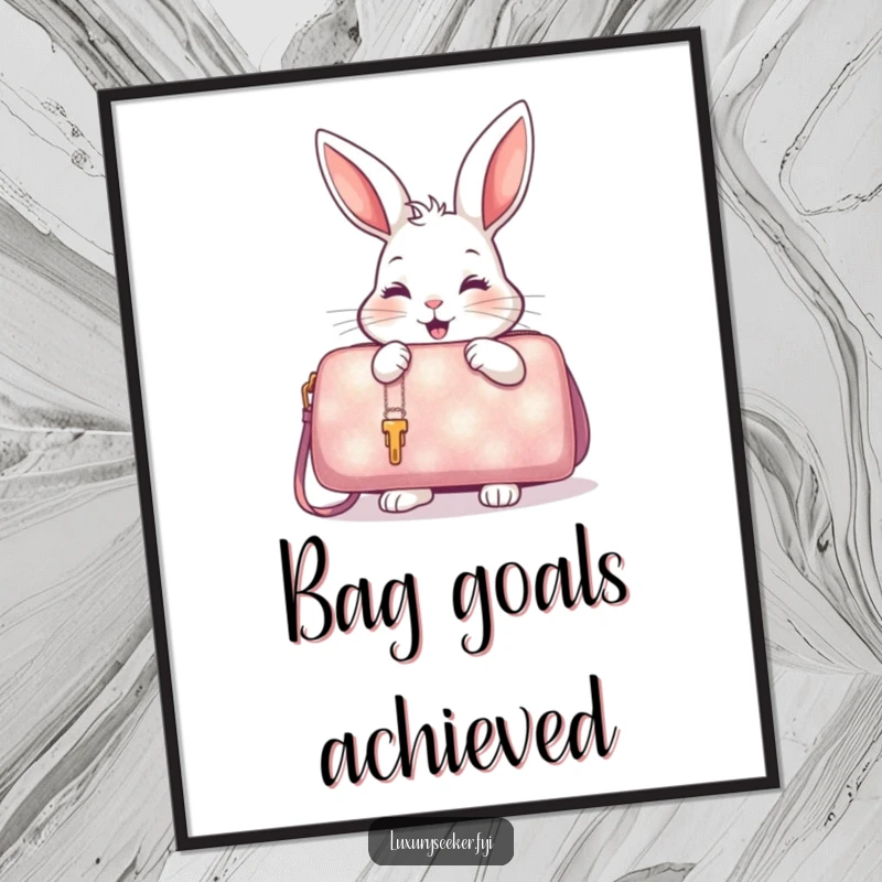 Funny Poster featuring a delighted rabbit examining a shimmering, oversized handbag, perfect for fashion lovers.