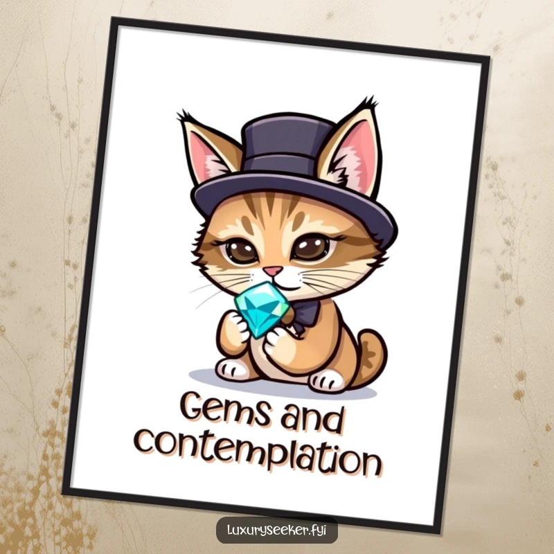 Funny poster print of a sophisticated cat adorned in a tiny top hat, curiously examining a large, reflective gemstone.