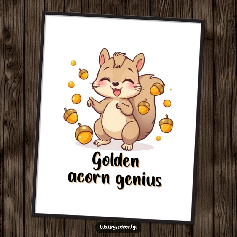 Funny Poster of a playful squirrel character gleefully juggling shiny golden acorns, creating a vibrant and humorous visual.