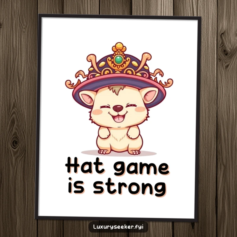 Funny poster art of a playful creature with a mischievous grin trying on a giant, ornate hat, bringing humor to wall decor.