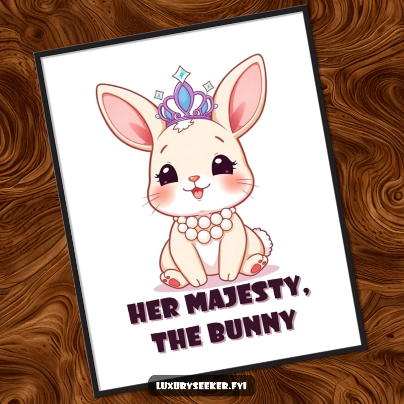 Funny poster of a happy bunny wearing a pearl necklace, admiring a sparkling tiara, embodying cute and regal beauty.