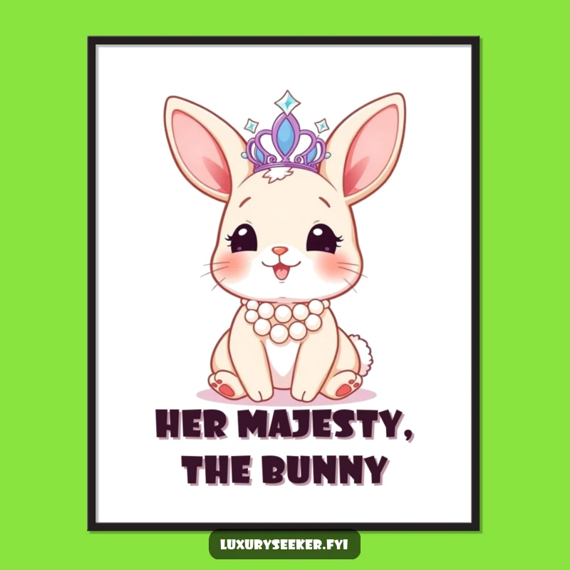 Funny Bunny Tiara Poster: Pearl Glam Art, Whimsical Humorous Wall Decor!