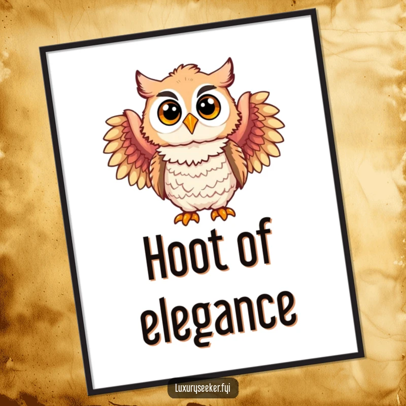 Funny poster depicting a sophisticated owl character wearing elaborate feathered boas, adding a touch of whimsical elegance to any space.